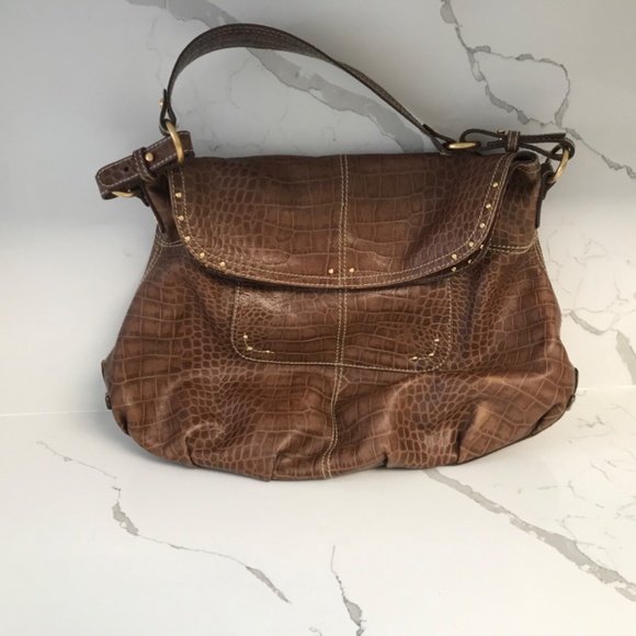 Max New York Fold Over Hobo Brown Croc Embossed Leather Handbag Purse - Picture 10 of 15